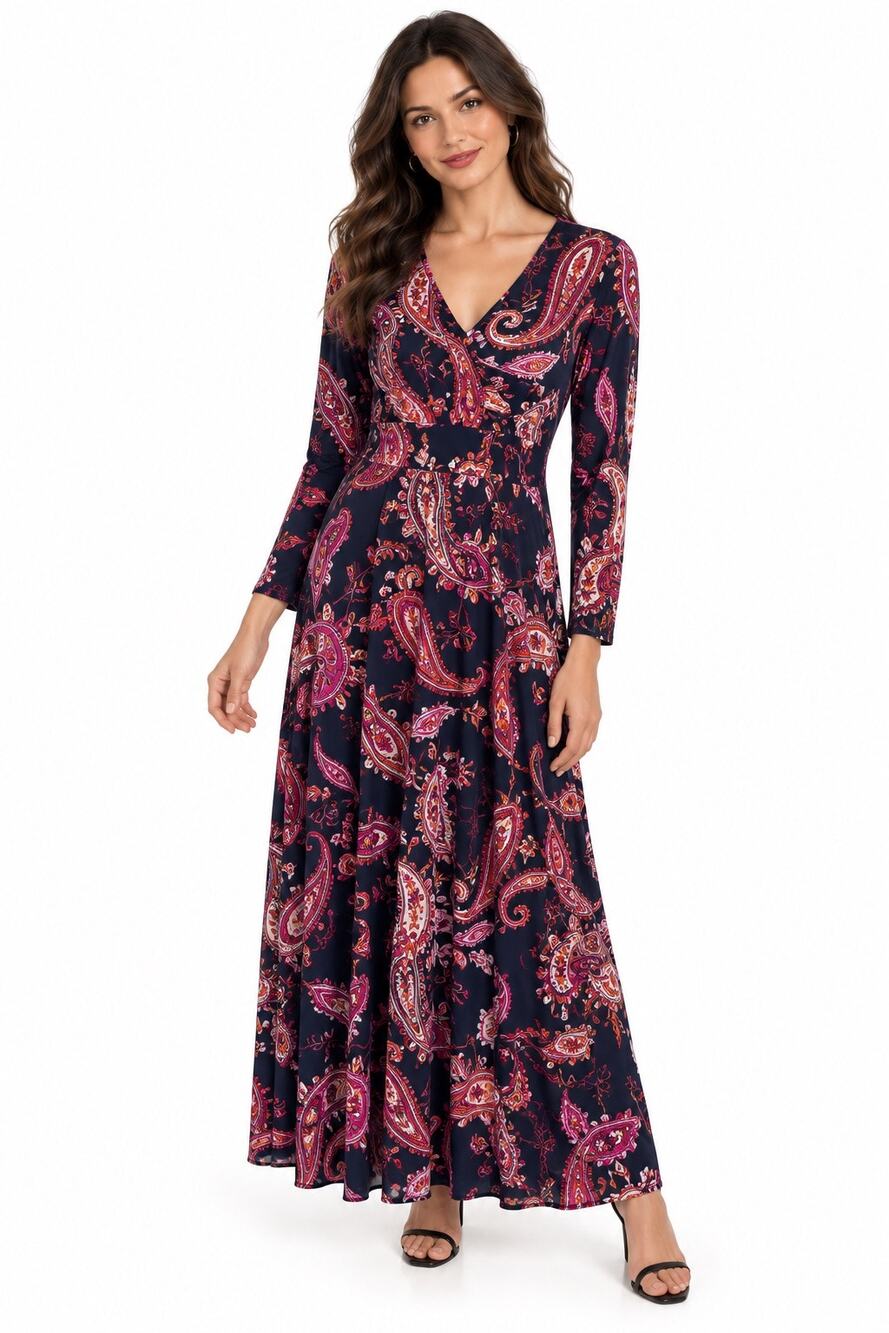Maggy London Navy & Coral V-Neck Smocked Waist 3/4 Sleeve Stretch Maxi Dress